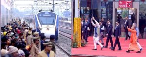 रेलवे स्टेशन के माडल को देखते हुए पीएम मोदी ने रेलमंत्री से ली कई जानकारी, रेलवे स्टेशन पर लगी प्रदर्शनी का प्रधानमंत्री नरेन्द्र मोदी ने किया अवलोकन